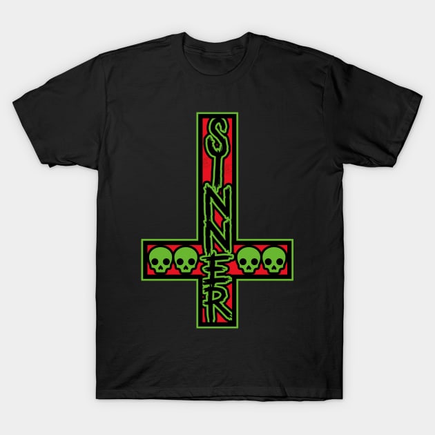 Sinner On Inverted Cross Red And Green T-Shirt by Creative Style